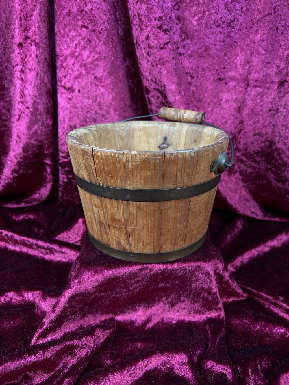 Antique Wood Bucket - Bentwood Stave Construction Iron Swing Handle